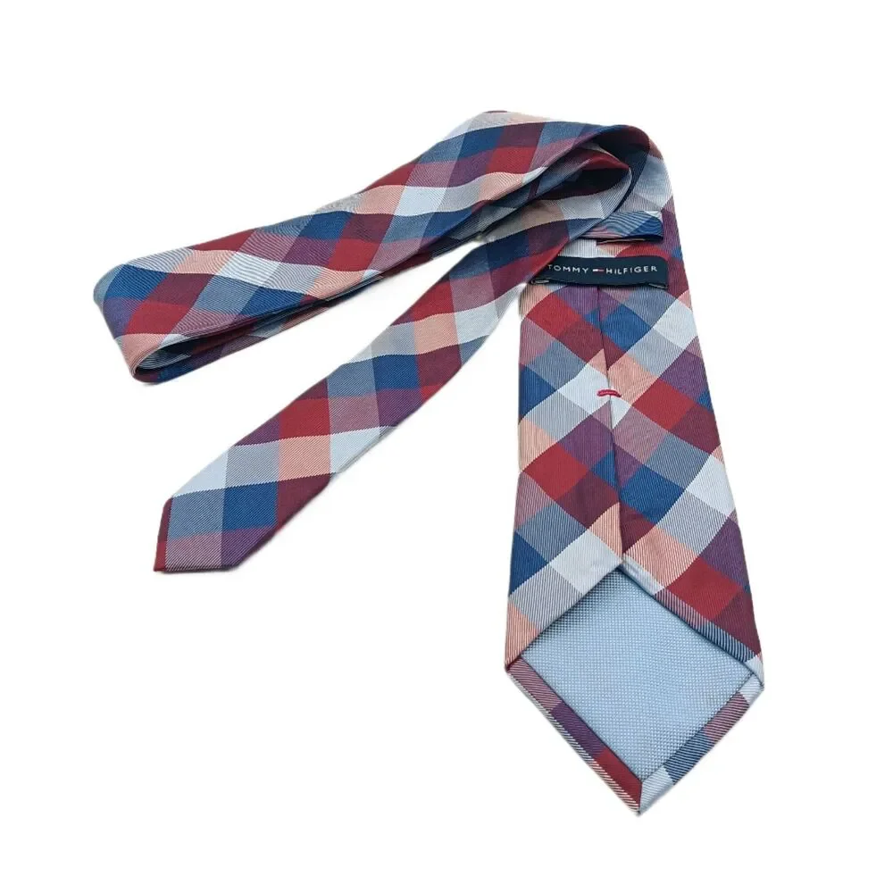 Tommy Hilfiger Silk Tie Mens 61.5” Red Blue Plaid Gingham Designer Classic New